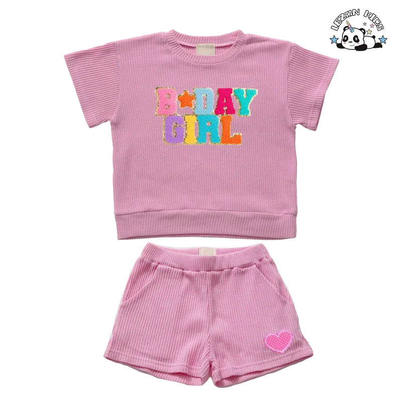 LEZONKIDS - Customizable High Quality  Waffle Cotton T Shirt Summer Shorts Girls Summer Clothing Set